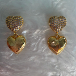 Çifte Kalp Taşlı Gold Küpe